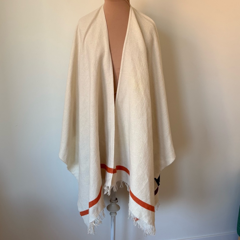 Rag & Bone Wool Stripe Printed Fringe Trim Off White Multi Shawl Wrap Scarf OS